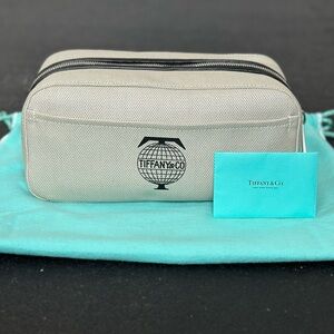 NWT Tiffany & Co. Beige Canvas Zip Travel/Dopp Kit with Black Leather Trim